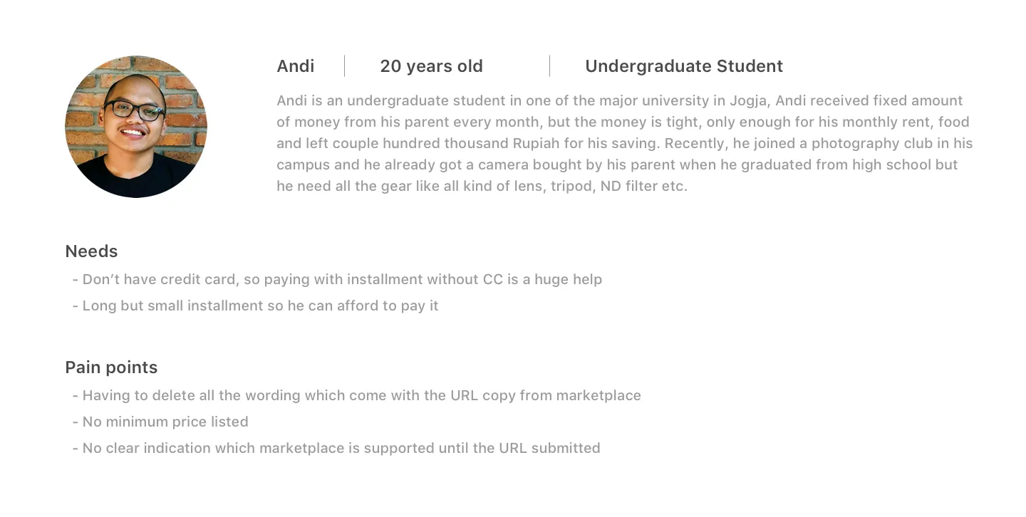 User persona summary for the CICIL instalment product, illustrated with a stand-in photograph at the interviewee's request.