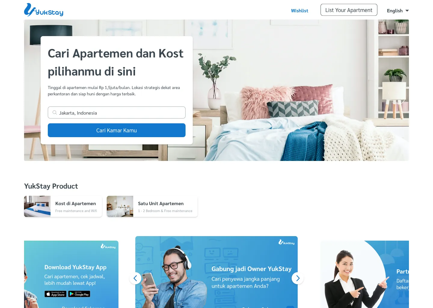 Revamped YukStay homepage on desktop, with the location search kept in its original position and more white space between elements.