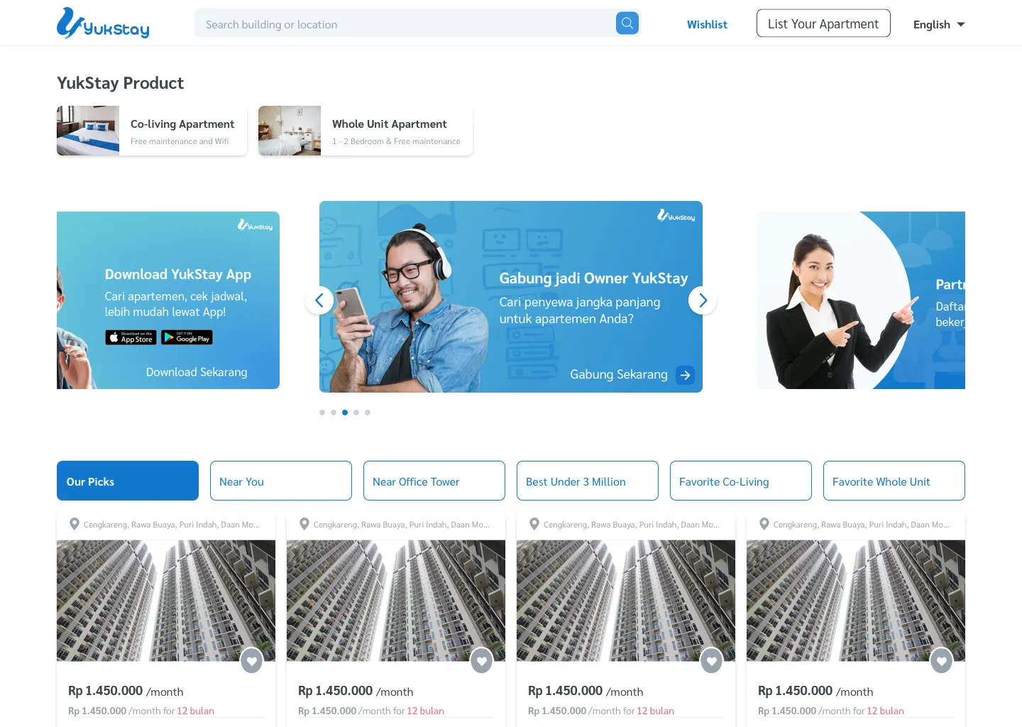 Homepage product section introducing YukStay's non-coliving products so they can be found and filtered.