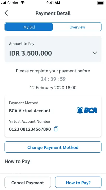 Stripe payment step in the tenant app, with debit or credit card and BCA virtual account options.
