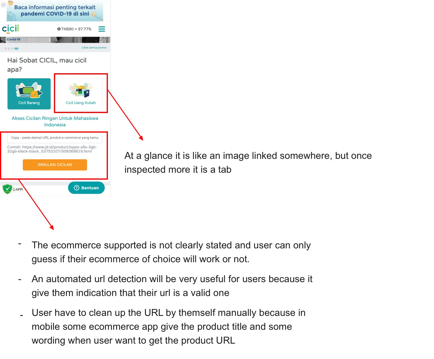 Annotated CICIL mobile web screen showing a pain point found in the mobile review.
