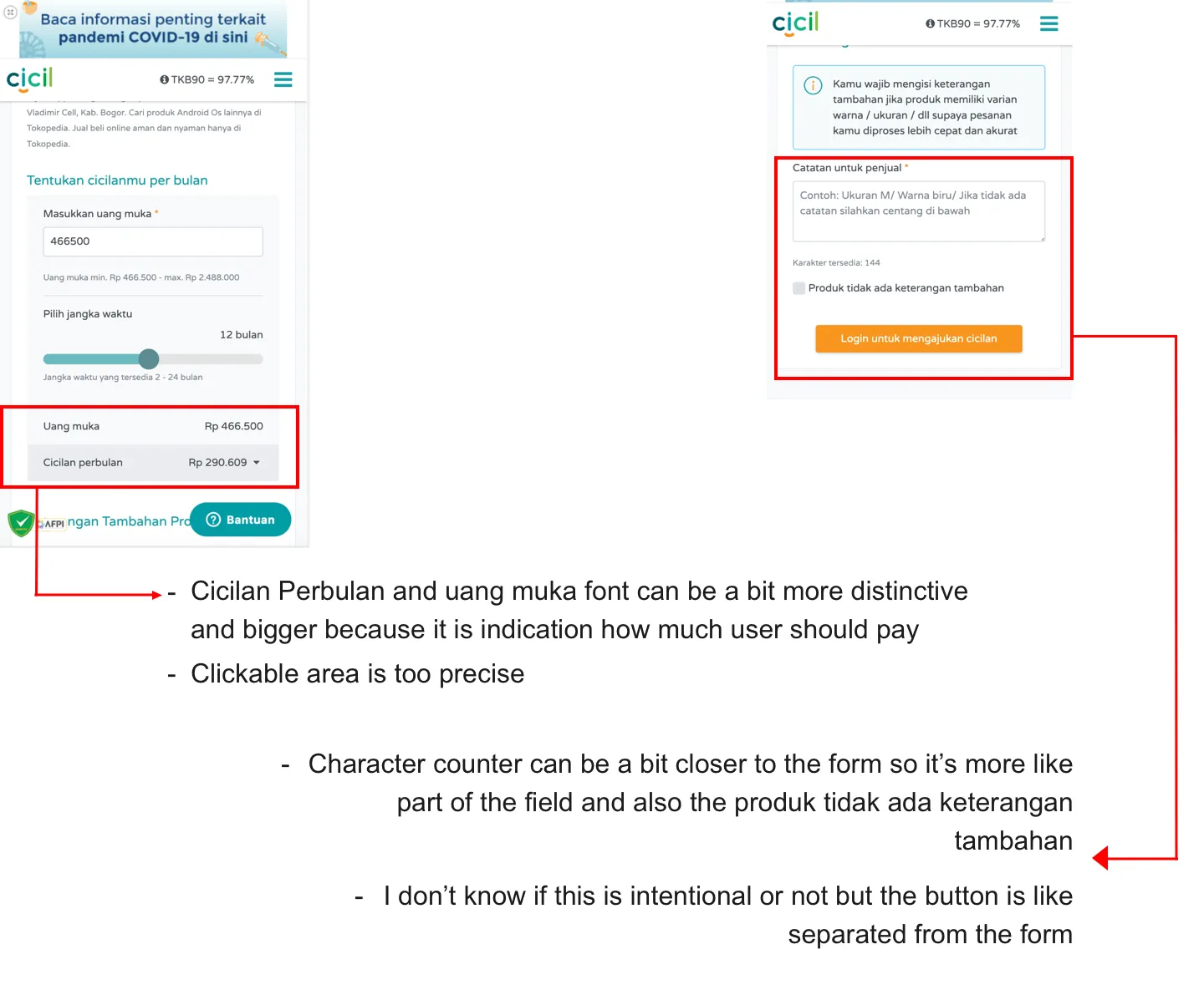 Annotated CICIL mobile web screen showing a further pain point from the mobile review.