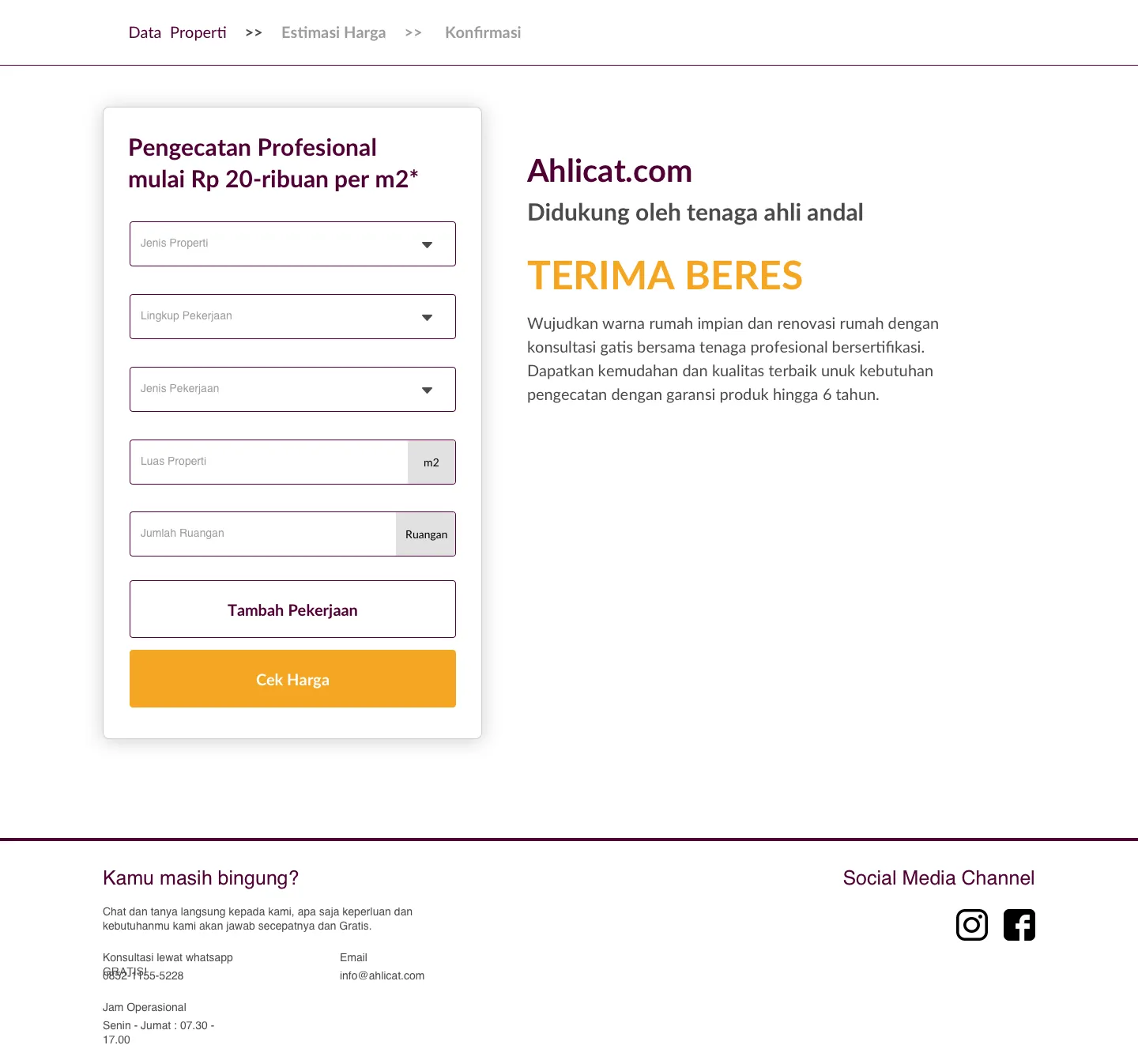 AhliCat website form, kept short so the visitor can check pricing before committing.