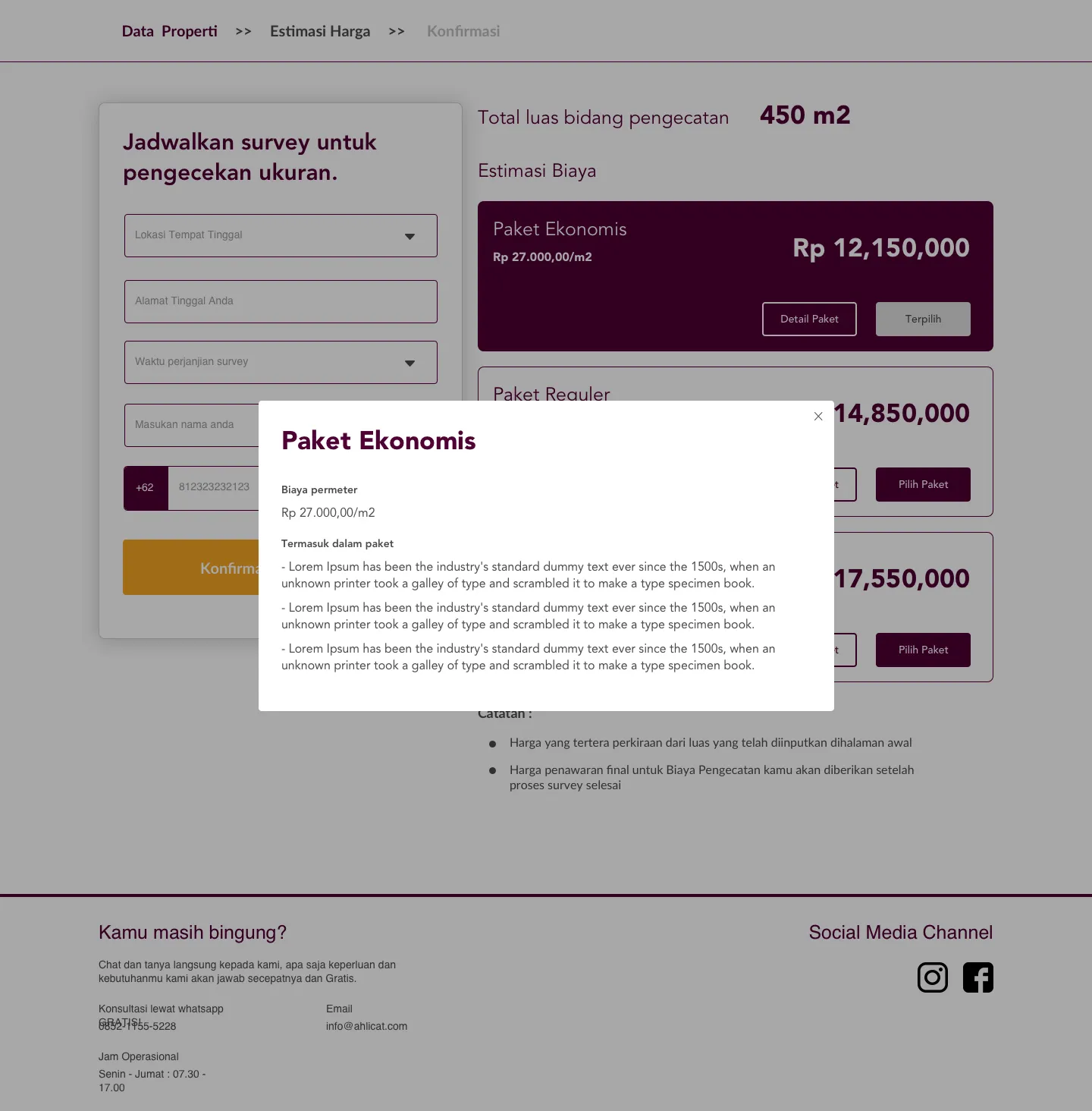 AhliCat package selection screen showing three tiers, with the cheapest selected by default.