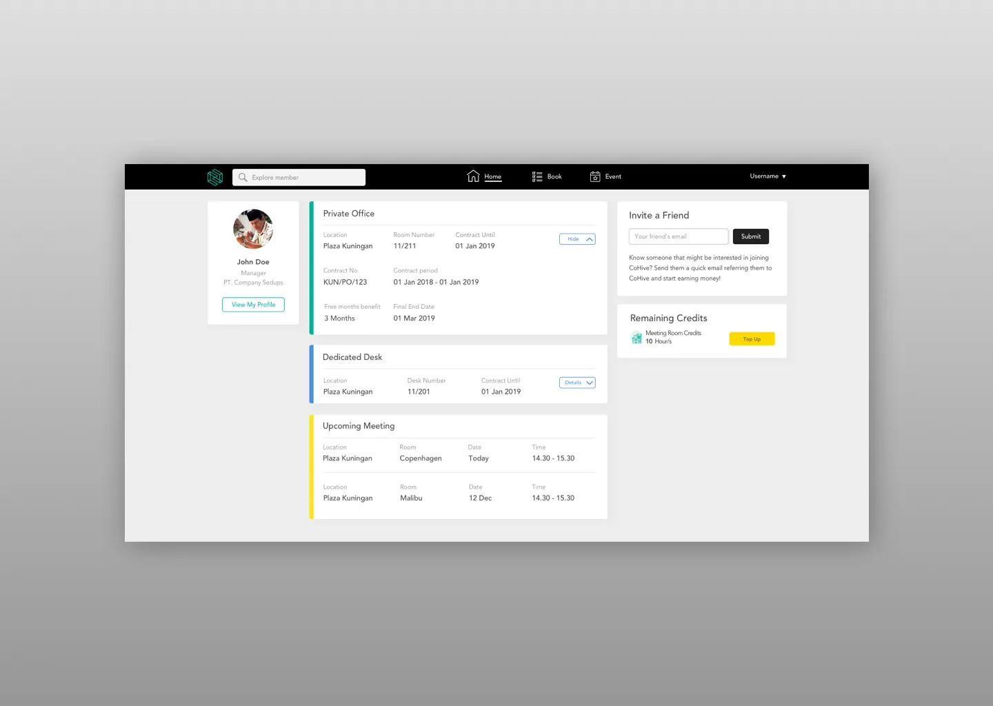 CoHive member dashboard on the web, summarising the member's contracts and the products they are using.
