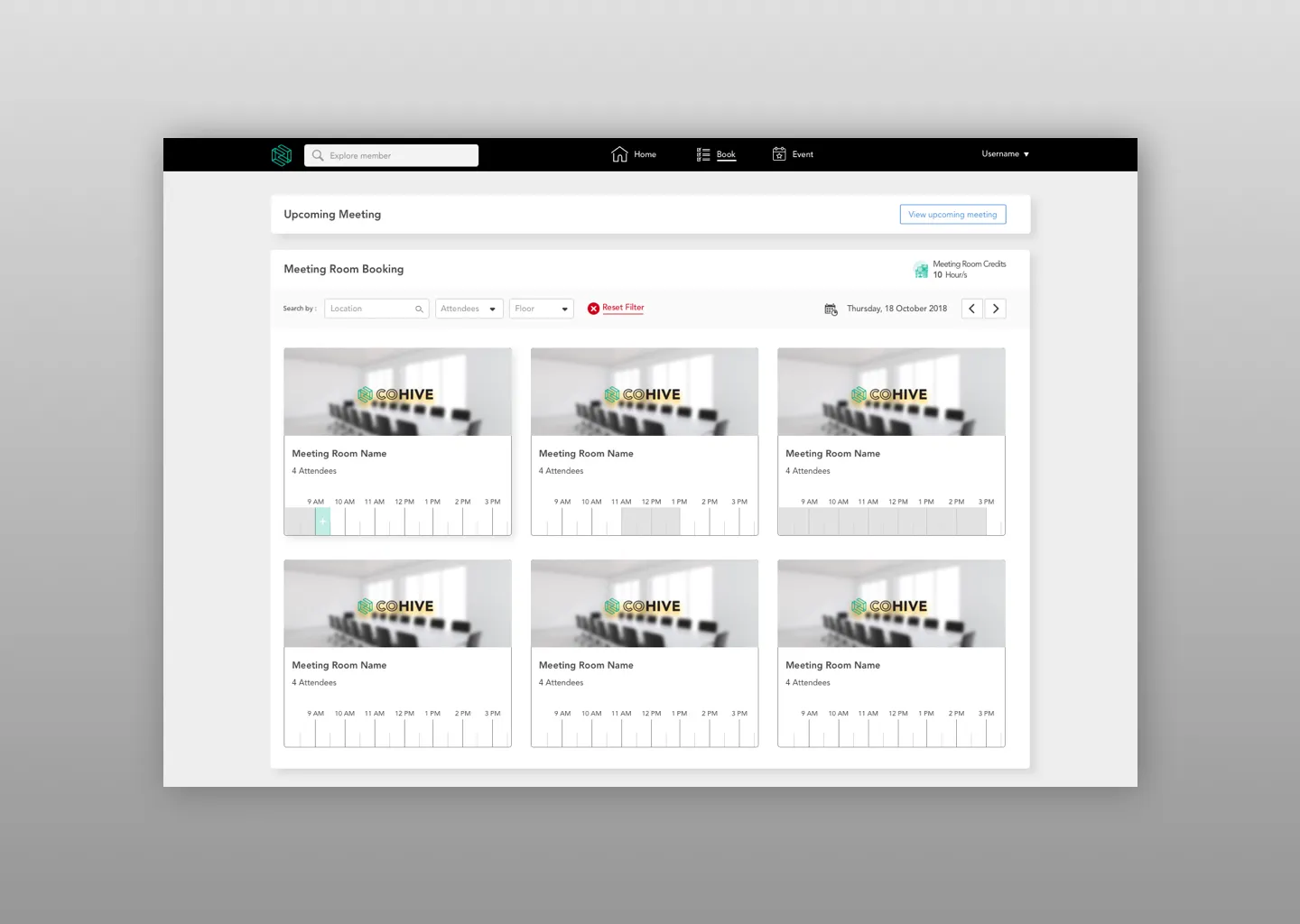 CoHive meeting room booking page, listing rooms at the member's location with their booked hours.