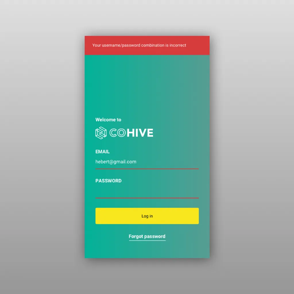 Login screen of the CoHive member app, with registration handled by invitation during the MVP.