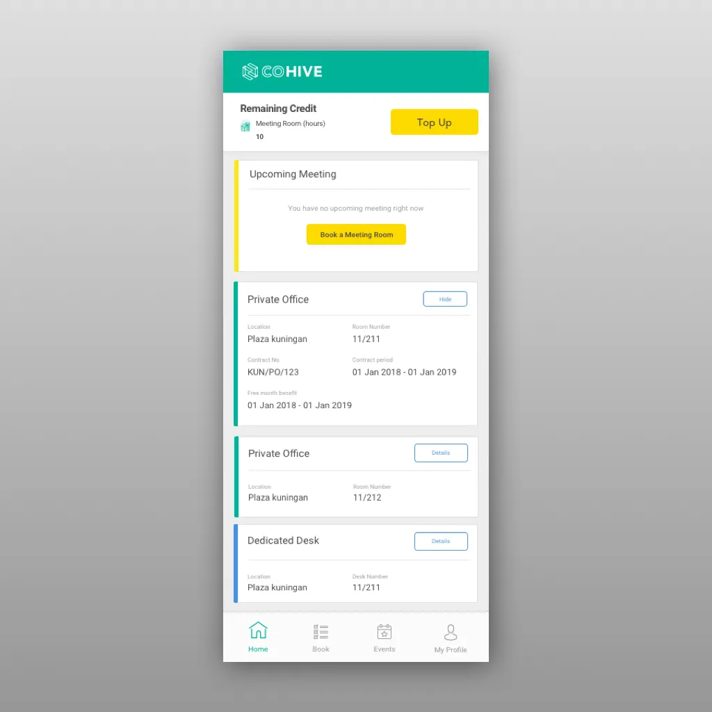 Home screen of the CoHive member app, showing rented products and upcoming meetings with colour coding per product.