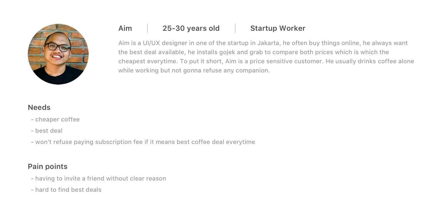 User persona defined for the DompetDiskon membership concept, used to recruit interview participants.