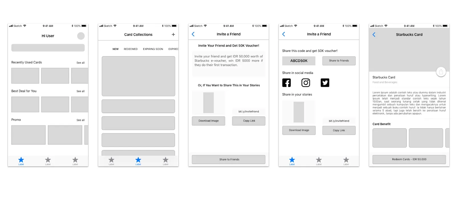 Wireframe of the DompetDiskon home screen, rebalanced towards promotions and a my-card section.