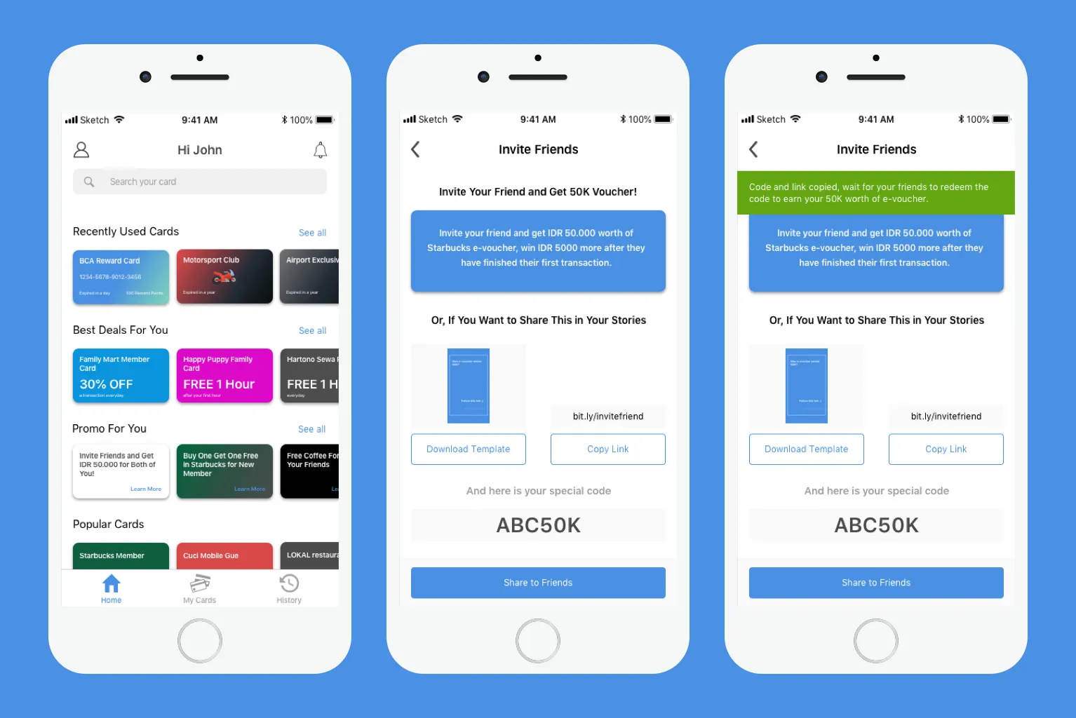 High-fidelity app screens showing the invite-a-friend entry point in the home and promo sections.