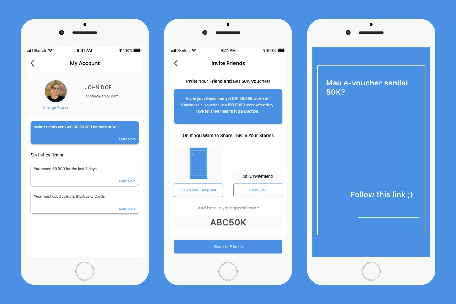 High-fidelity screens showing the invite-a-friend section inside the my-account page and an Instagram story template.
