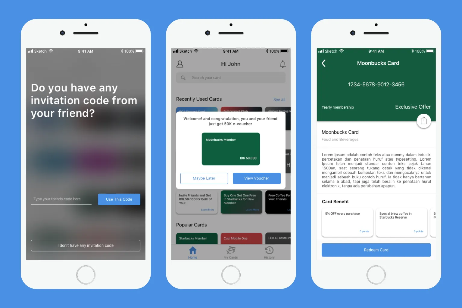 High-fidelity screens showing the invite-code step before onboarding and the reward popup after it.