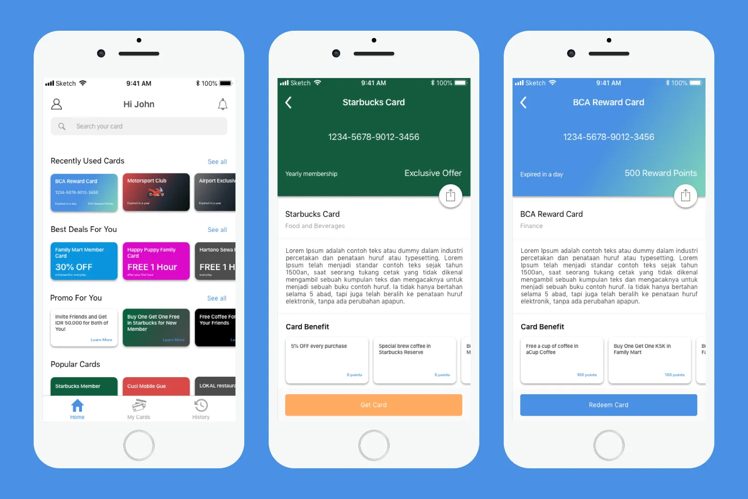 High-fidelity screens distinguishing membership cards the user holds from ones they do not, with a share action.