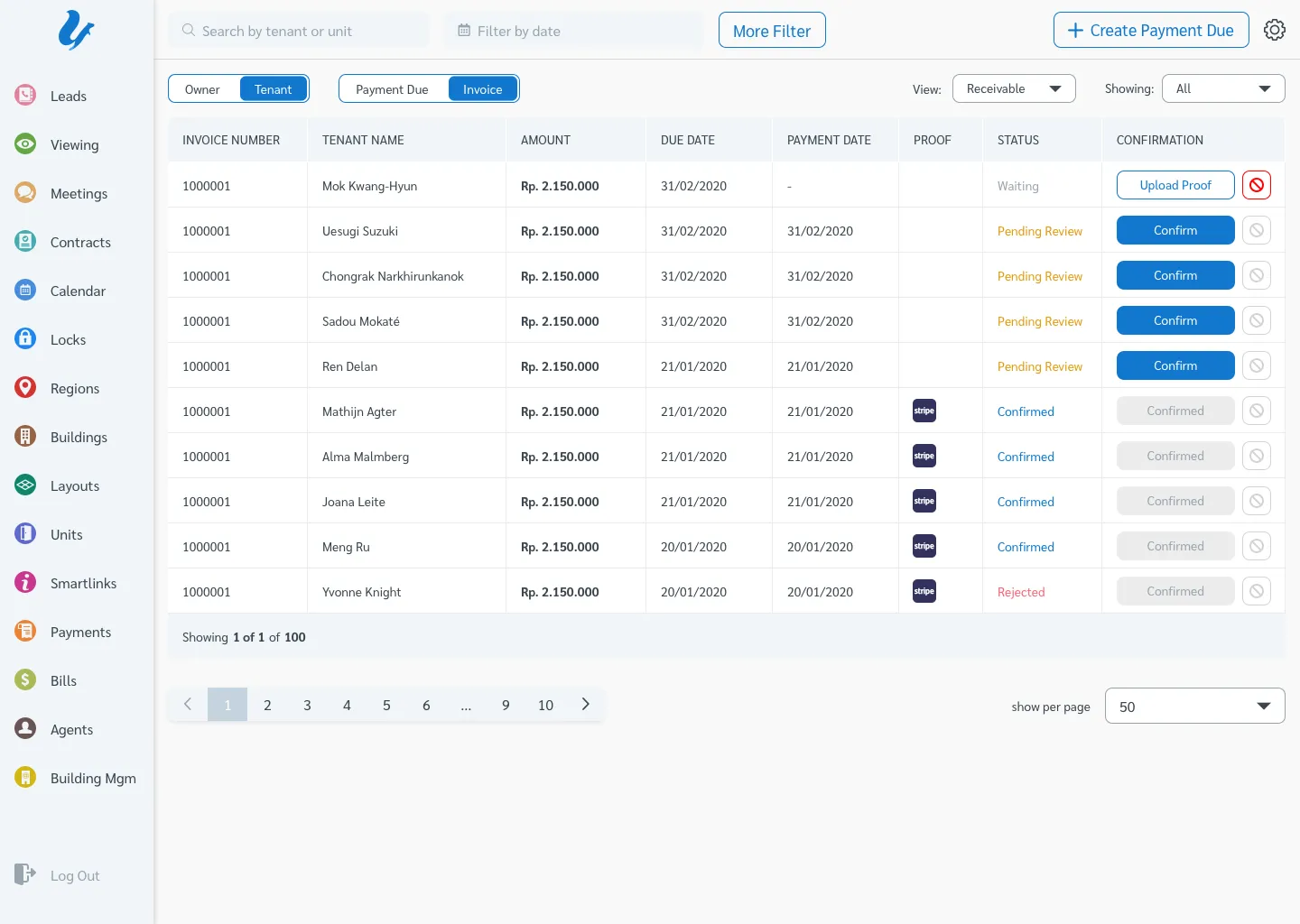 Payment flow diagram showing how a bill is created automatically from the tenant's contract date, amount and range.